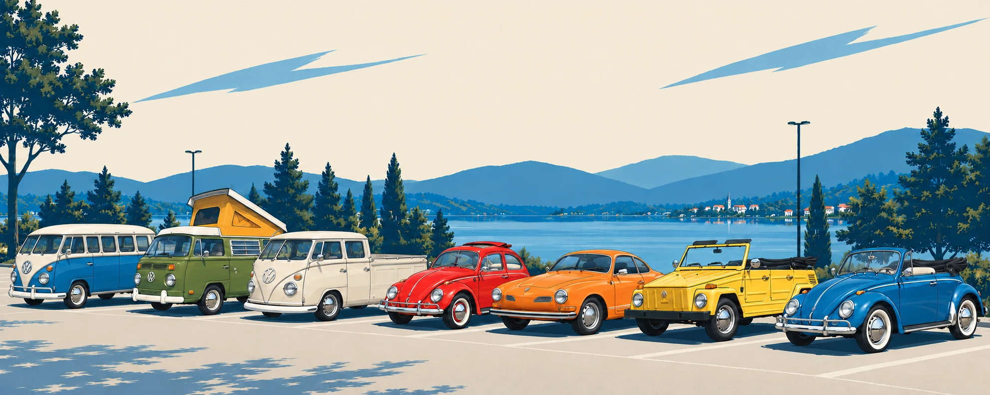 A panoramic lineup of classic Volkswagen Beetles